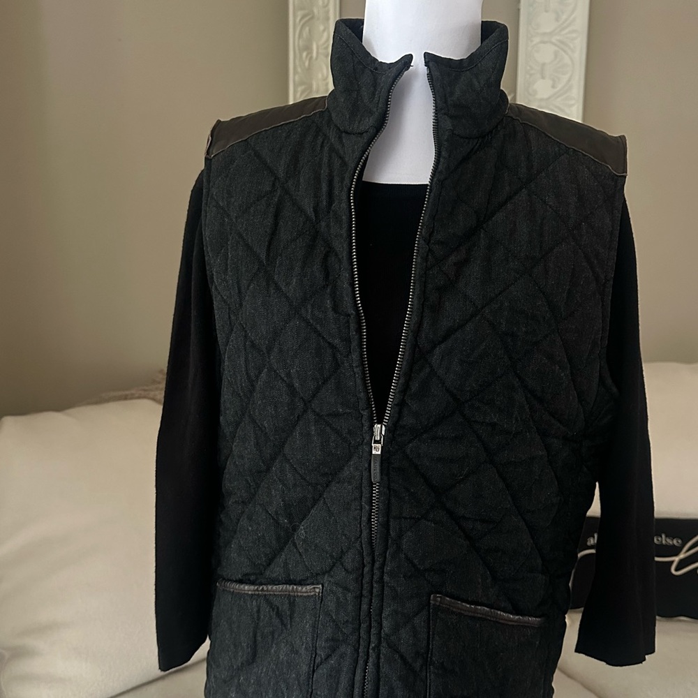 RALPH LAUREN JEANS CO. Quilted Zip  Front Vest with Leather Black Brown Size L